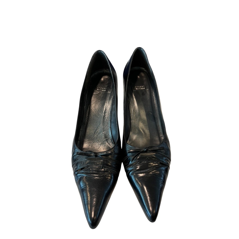 Stuart Weitzman Pointed Toe Pumps 11 Black Leather Kitten Heel Bow Accent